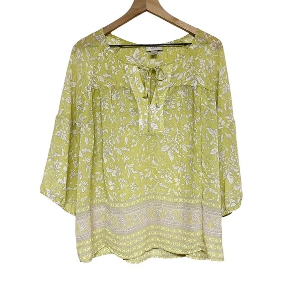 Loft Outlet Green Floral Sheer Peasant Blouse Womens Sz Medium Long Sleeve Tunic - Picture 1 of 5